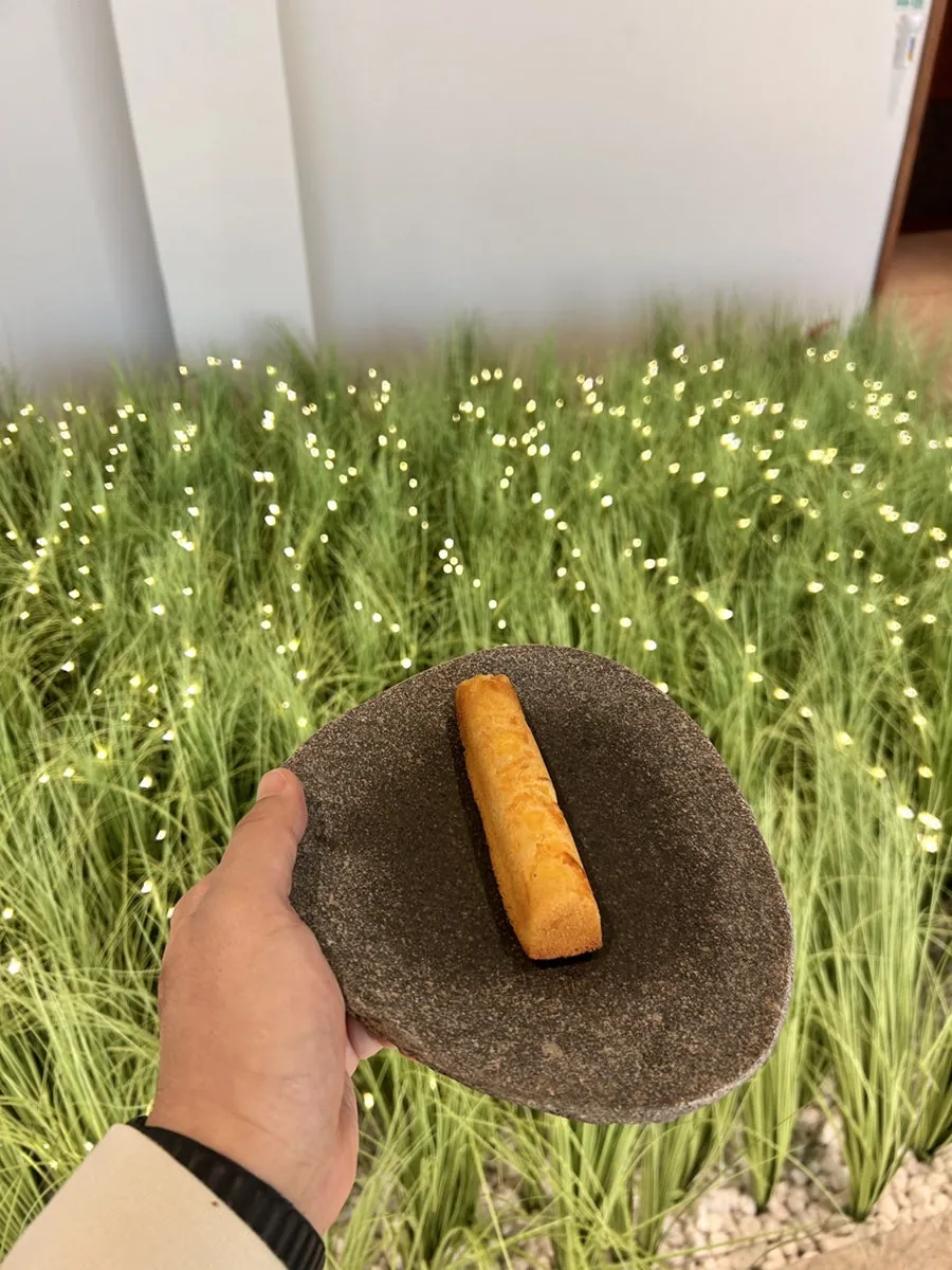 돌 접시 위에 올린 길쭉한 황금빛 휘낭시에