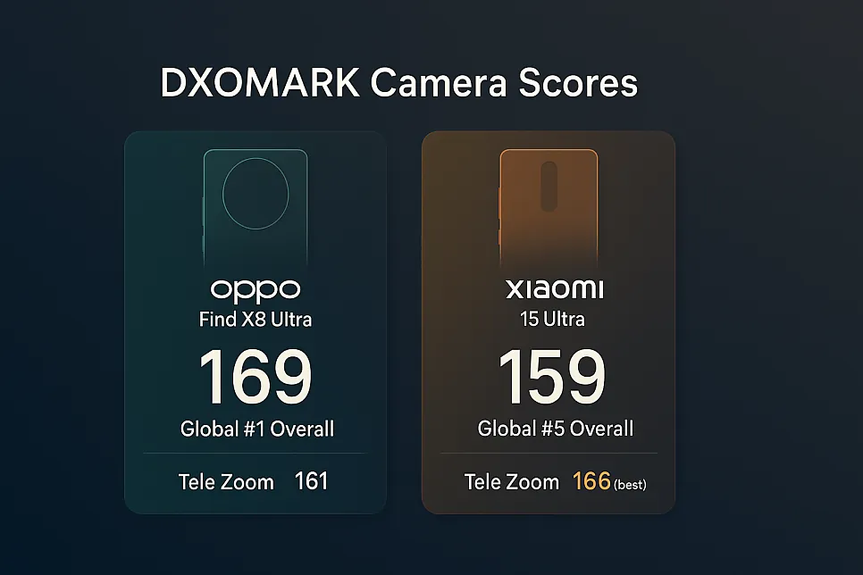 DXOMARK 카메라 점수 비교 이미지에 오포 파인드 X8 울트라 169점, 샤오미 15 울트라 159점과 텔레 줌 점수가 표시돼 있다.