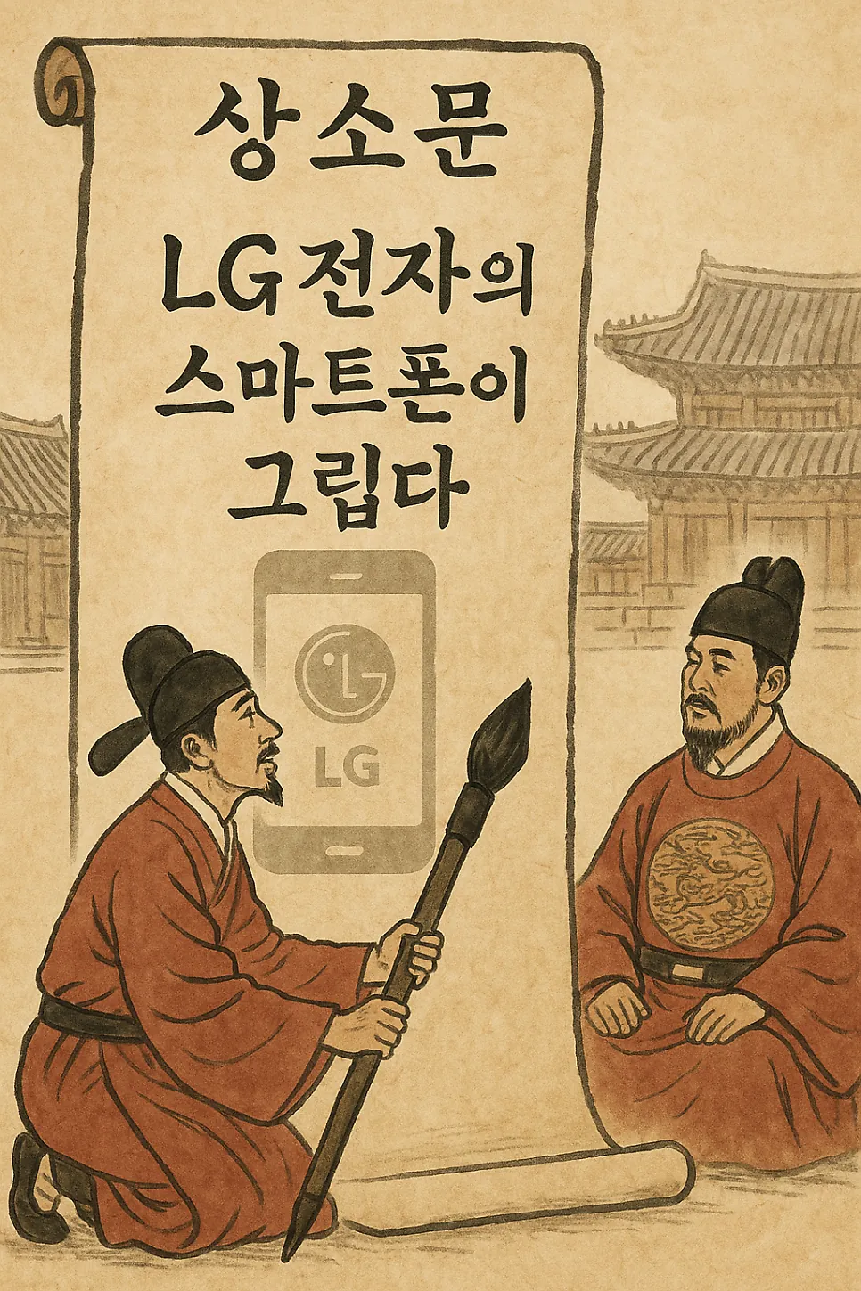 LG 스마트폰을 그리워하는 문구와 스마트폰 그림을 중심에 둔 옛 그림풍 삽화.